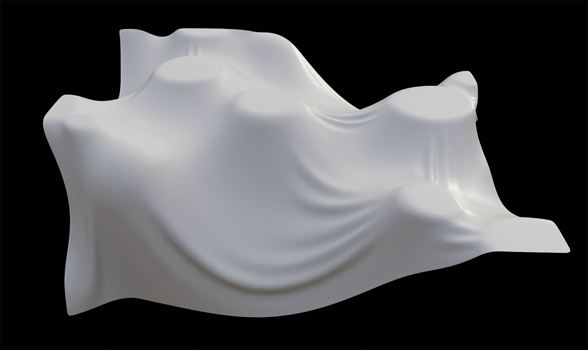 A large cloth appears to rest on a few cylindrical pillars. However, the effect is based on a vertex map that controls the points obeying gravity.