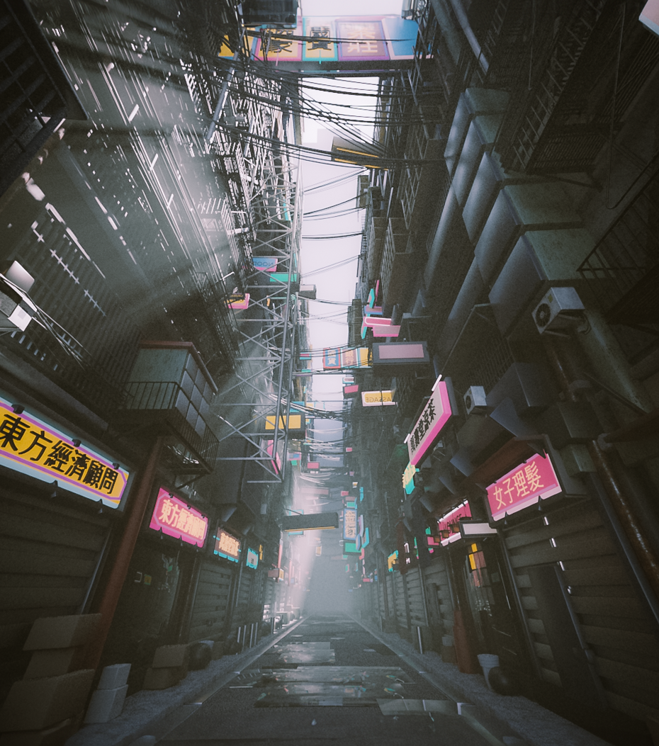 A futuristic street scene created by an AI Assistant using the MCP connection to Cinema 4D.