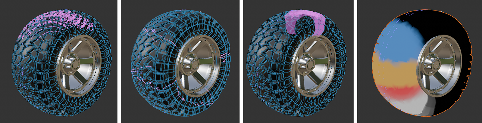 Comparing the display of point, an edge a polygon selection and of stored vertex colors.