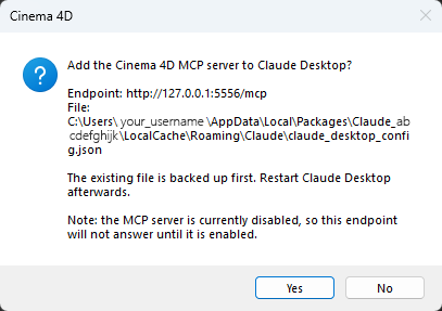 Screenshot of the info dialog showing up after creating the config file for the MCP Client.
