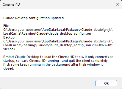 Screenshot of the info dialog showing up after creating the config file for the MCP Client, reminding to restart the MCP Ciient including its background processes.