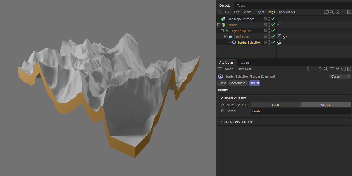 Example scene in Cinema 4D using a border selection of a landscape to extrude the border edge loop.
