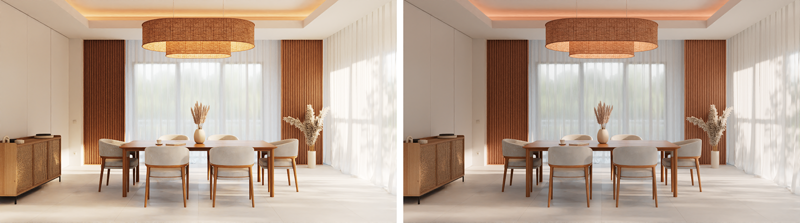 Comparing an architectural rendering with view transform ACES 1.0 SDR-videoon the left and ACES 2.0 SDR-video on the right.