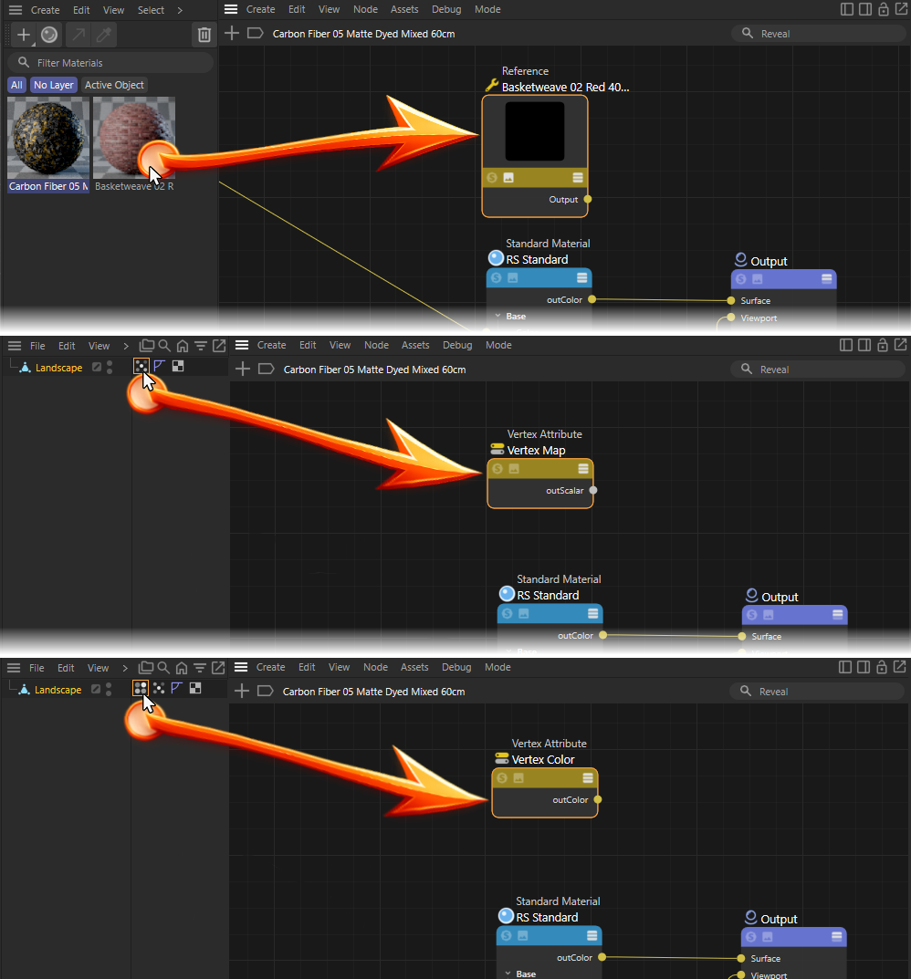 Examples showing drag and drop support for materials, vertex map and vertex color tags within a Redshift node based material.