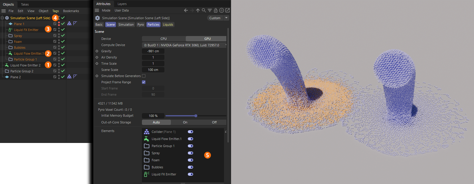 Cinema 4D interface screenshots demonstration how to set up Liquid FX within a separate Simulation Scene to limit them on one emitter.