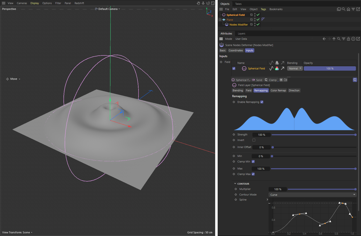 A screenshot of the Attribute Manager showing the configured Nodes Modifier with a remapped Spherical Field.