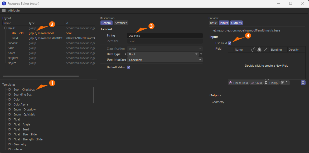 A screenshot of the Resource Editor in Cinema 4D, demonstrating how to add and configure a Bool Checkbox element for the Nodes Modifier.