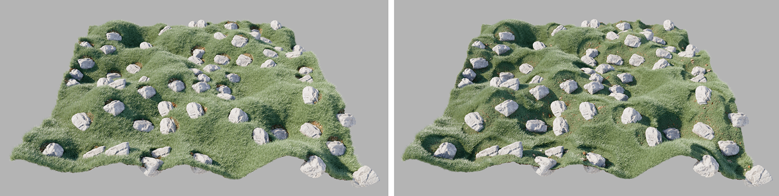 Example rendering comparing Mask and Scale modes for Proximity objects with the Scatter object.