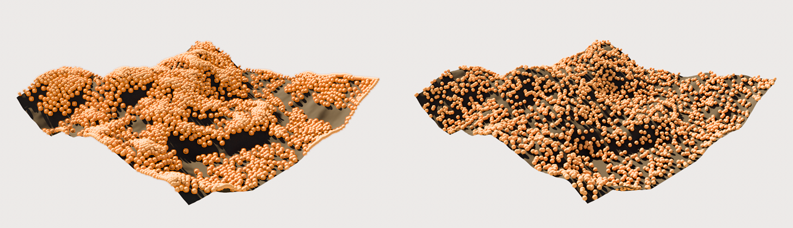 Example of scattered instances on a landscape object. On the left is the original placement, on the right the resulting placement after some Relax iterations.