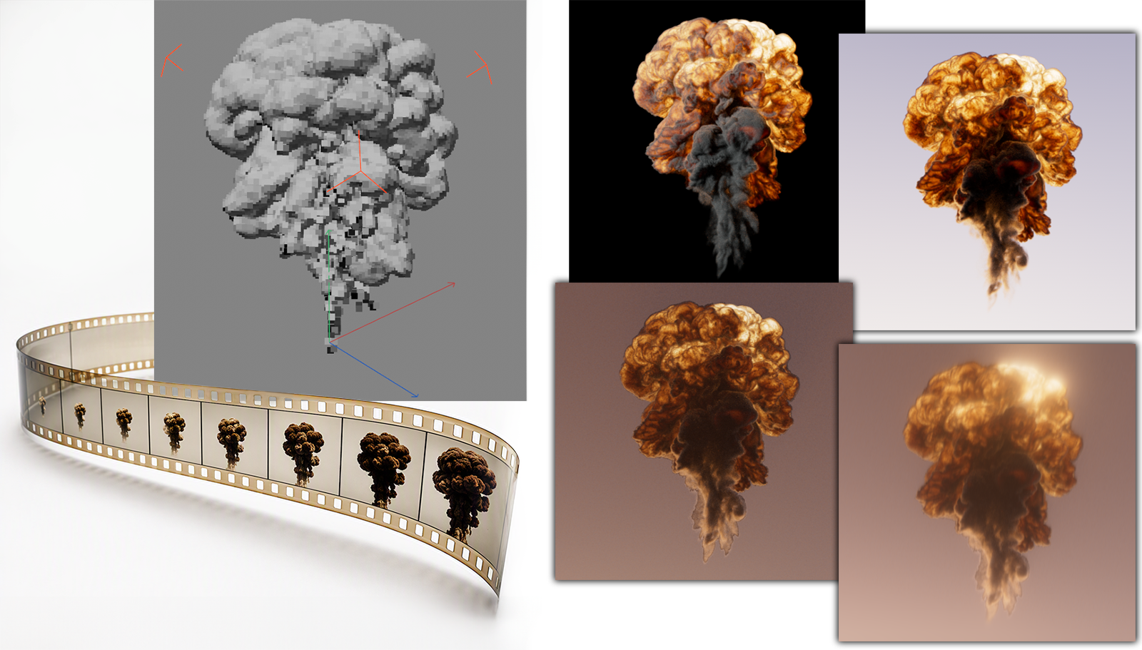 A simulated explosion and different render passes.