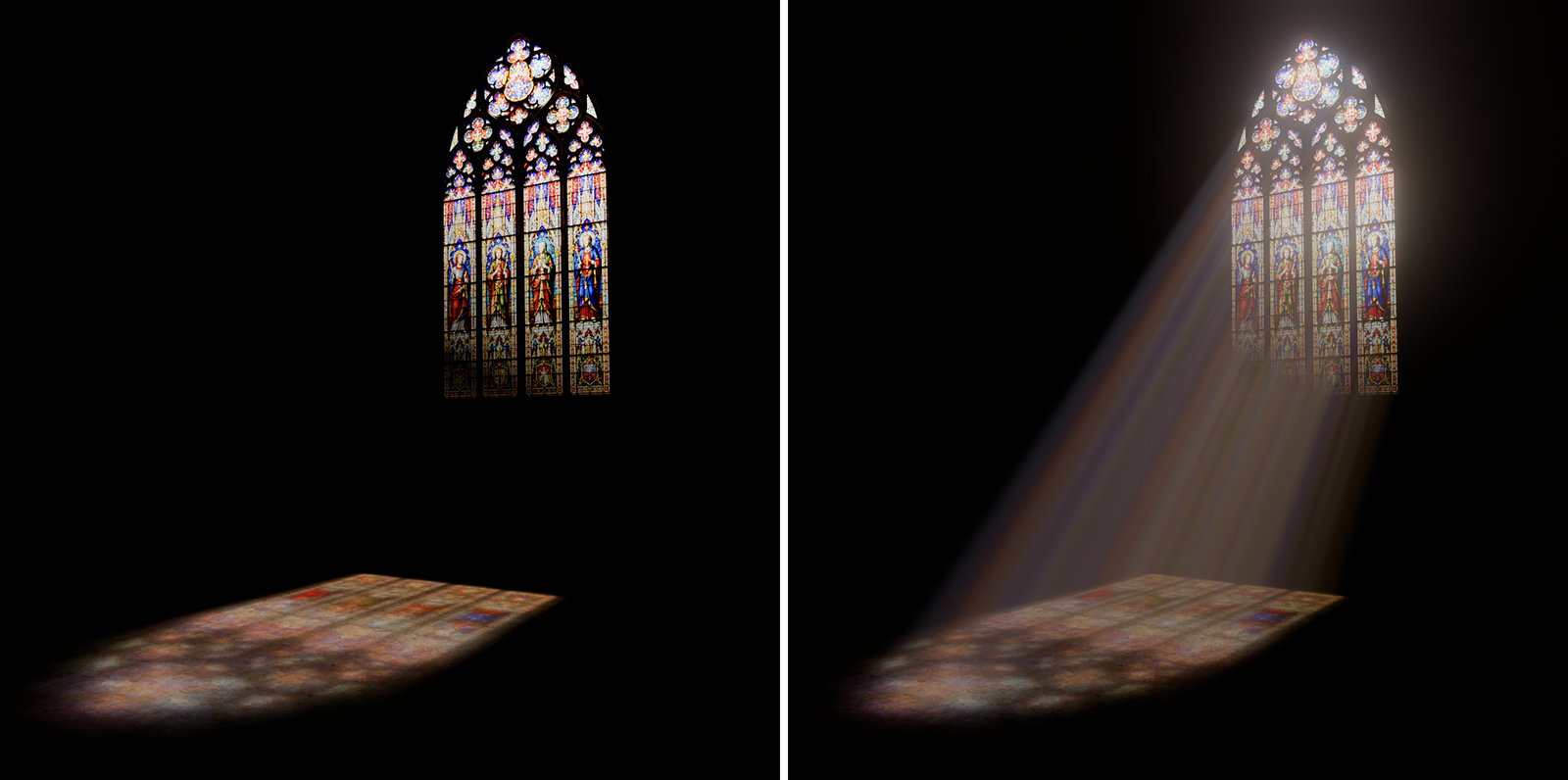 Comparing renderings of sunlight passing through a colorful window, once with and once without environmental fog simulation.