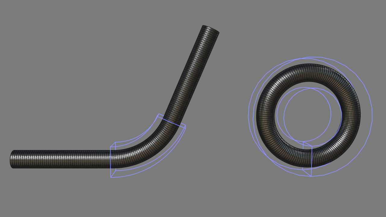 The Bend object bends an elongated cylinder once in a localized area and once completely by 360°