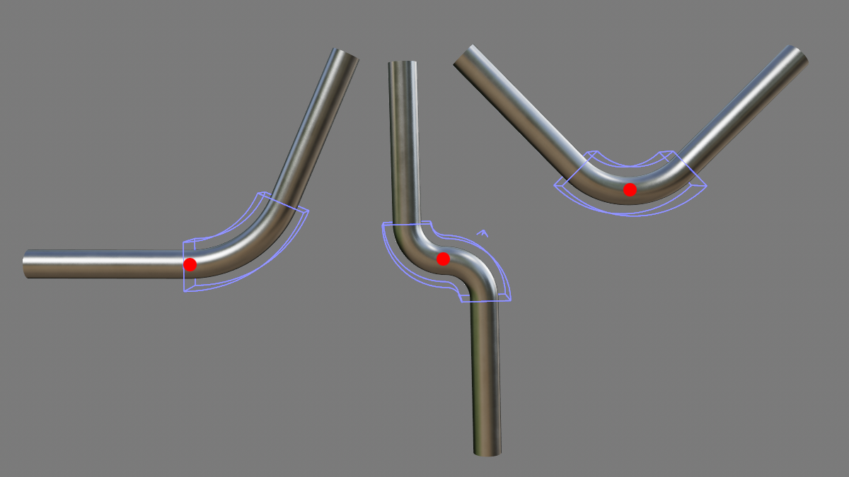 The Bend object bends an elongated cylinder once in a localized area and once completely by 360°