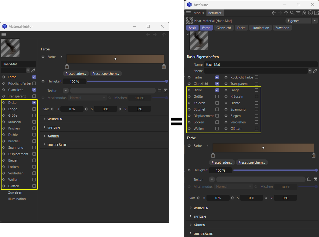 Screenshot of the hair material, with material channels evaluated by Redshift marked in yellow.