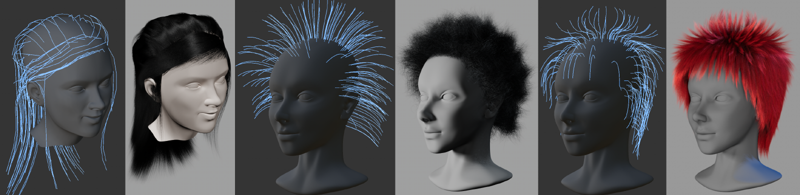 Various heads with different hairstyles and black and red hair.