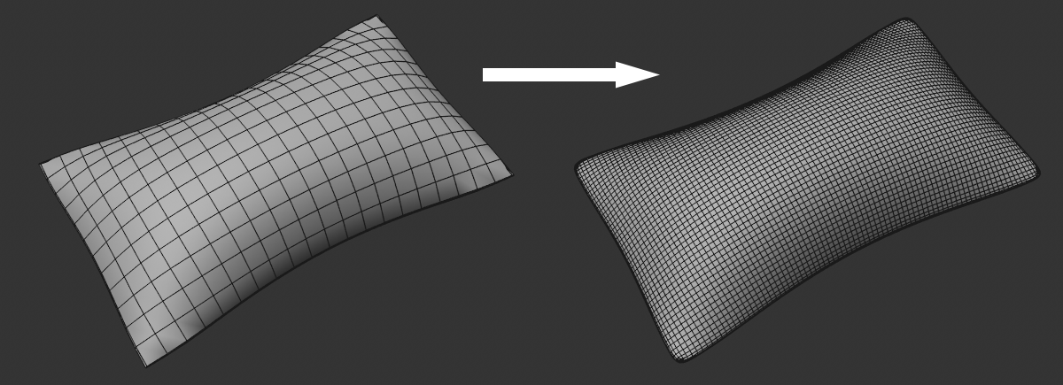 A cushion with few polygons is subdivided into one with many polygons.