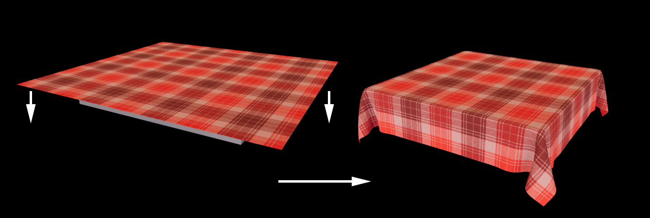 A tablecloth falls onto a tabletop and folds in a characteristic way.