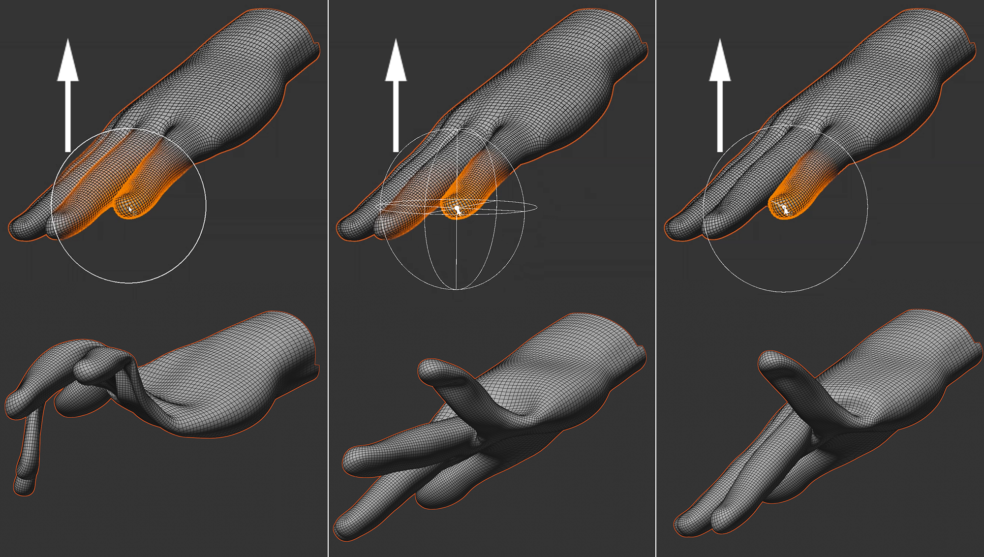 The different brush selection types are demonstrated using a 3D mesh of a human hand.