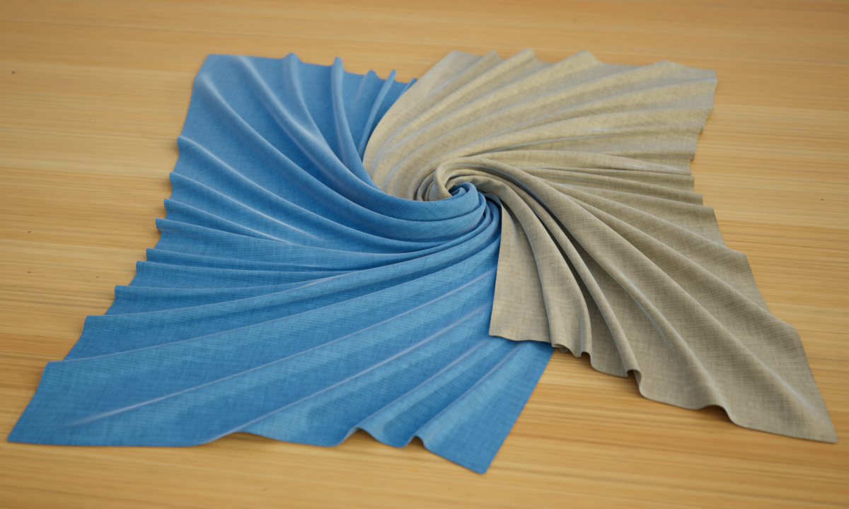 Two cloths are wound together in a spiral shape with mutual collision detection.