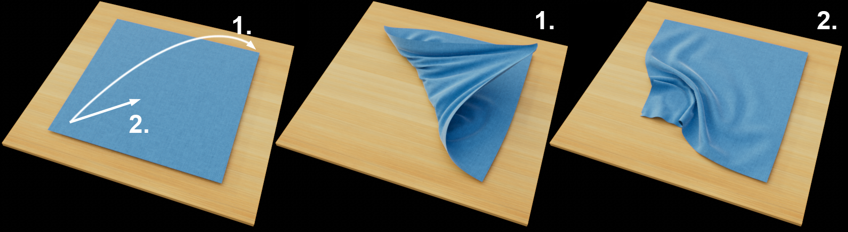 The Brush mode Drag can be used to pull one corner of a blue cloth across to the opposite corner and, in another application, to push a corner under the folds towards the center of the cloth.