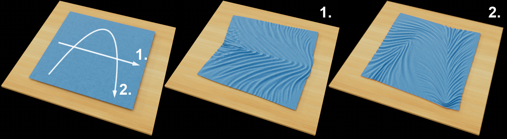 The Brush mode Brush creates a continuous drape of folds over the mouse path on a blue cloth.