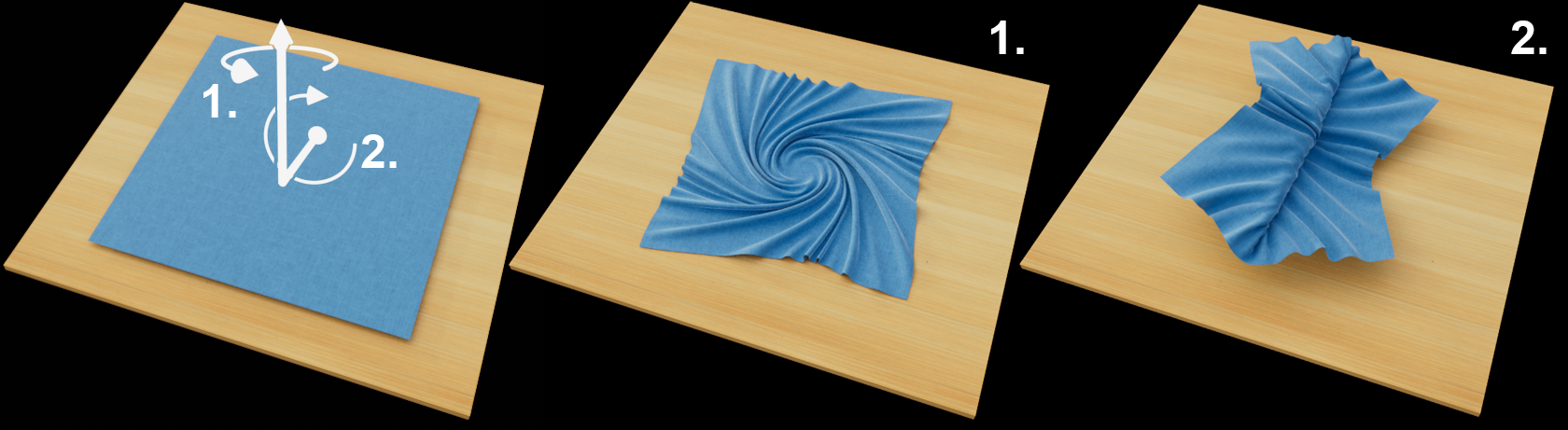 The Brush Mode Rotate twists a blue cloth around a selectable axis.