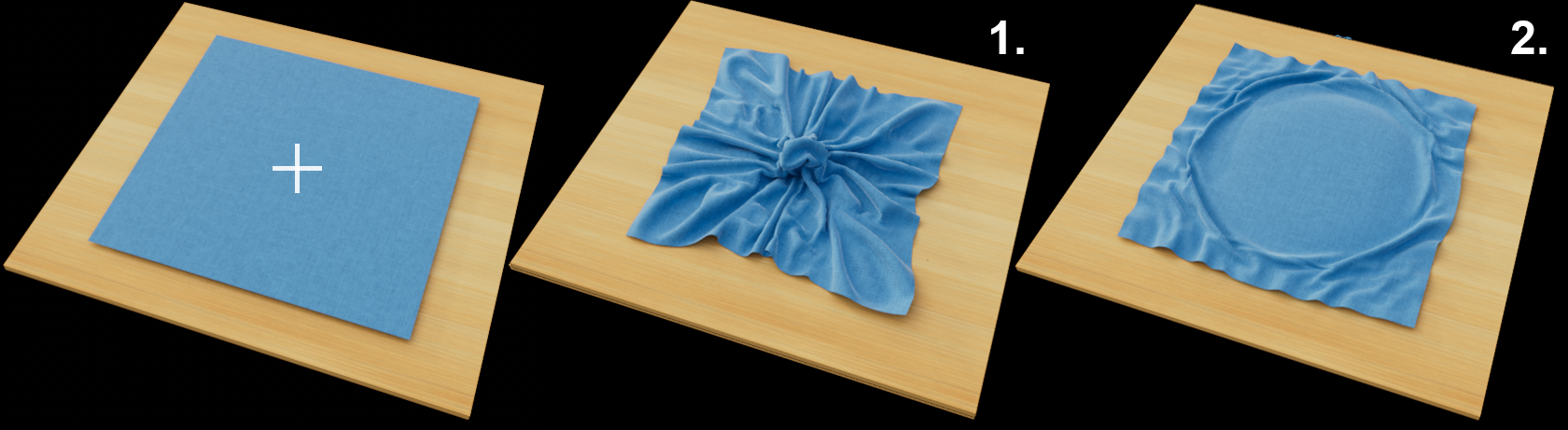 The brush mode Contract/Expand crumbles up a blue cloth or spreads it out.