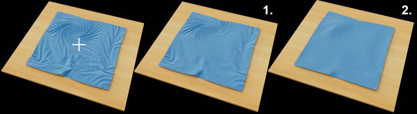 The Smoothing mode removes wrinkles from a blue cloth with different effect times.