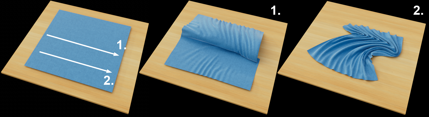 The Swirl brush mode creates a continuous twist around a freely selectable axis along the mouse path on a blue cloth.