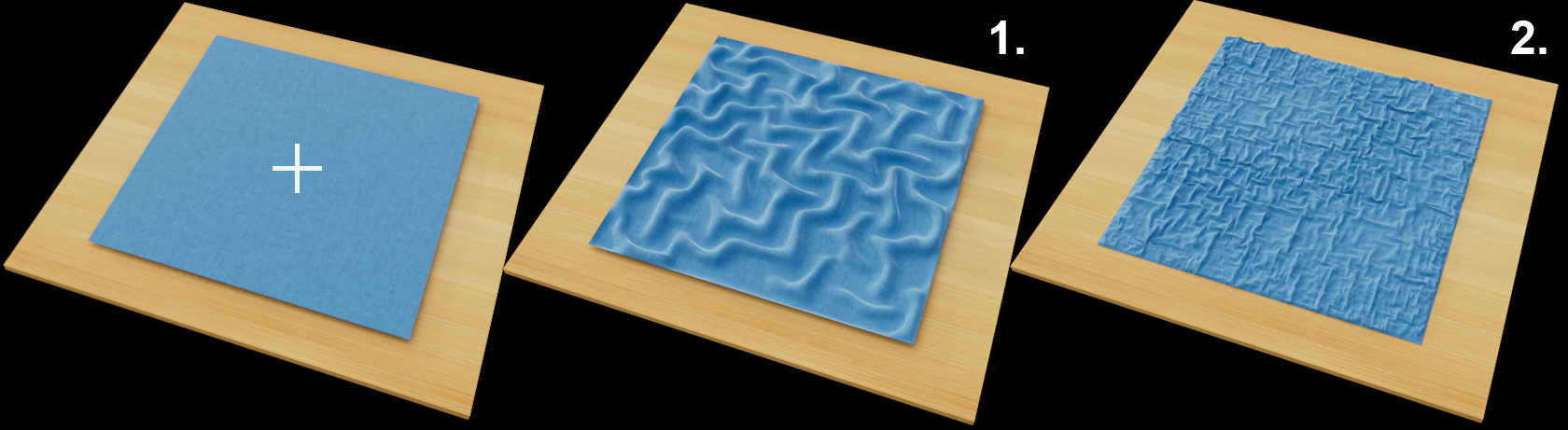 The Brush mode Wrinkle creates wrinkles of various sizes on a blue cloth.