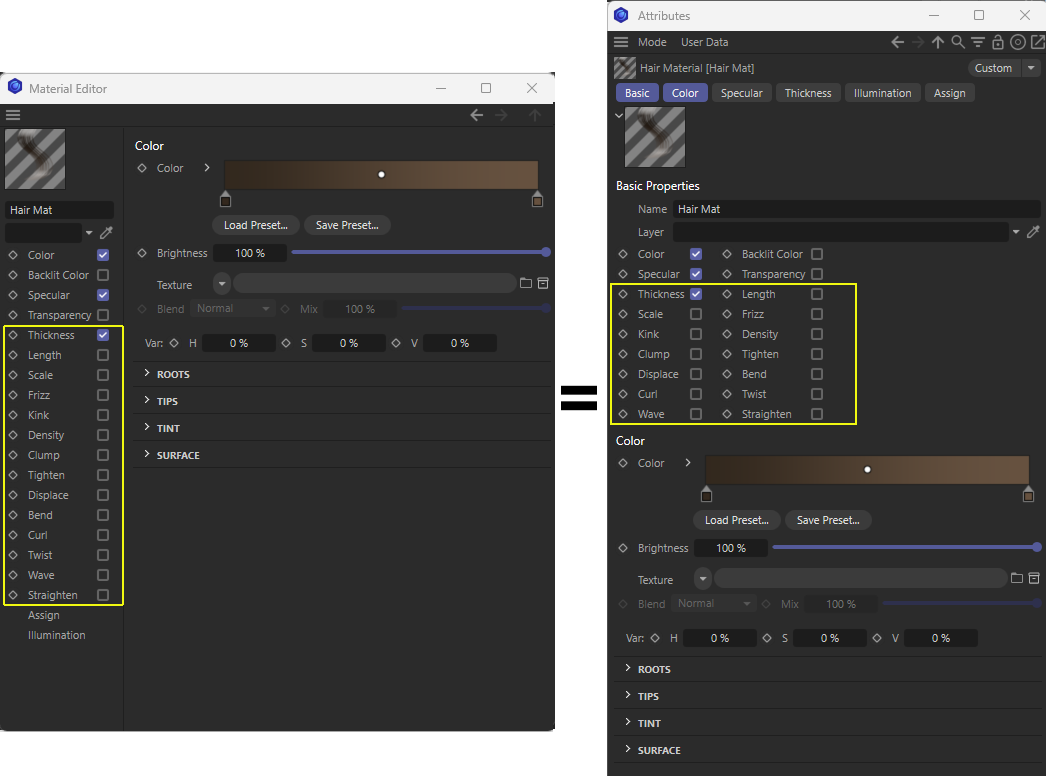 Screenshot of the hair material, with material channels evaluated by Redshift marked in yellow.