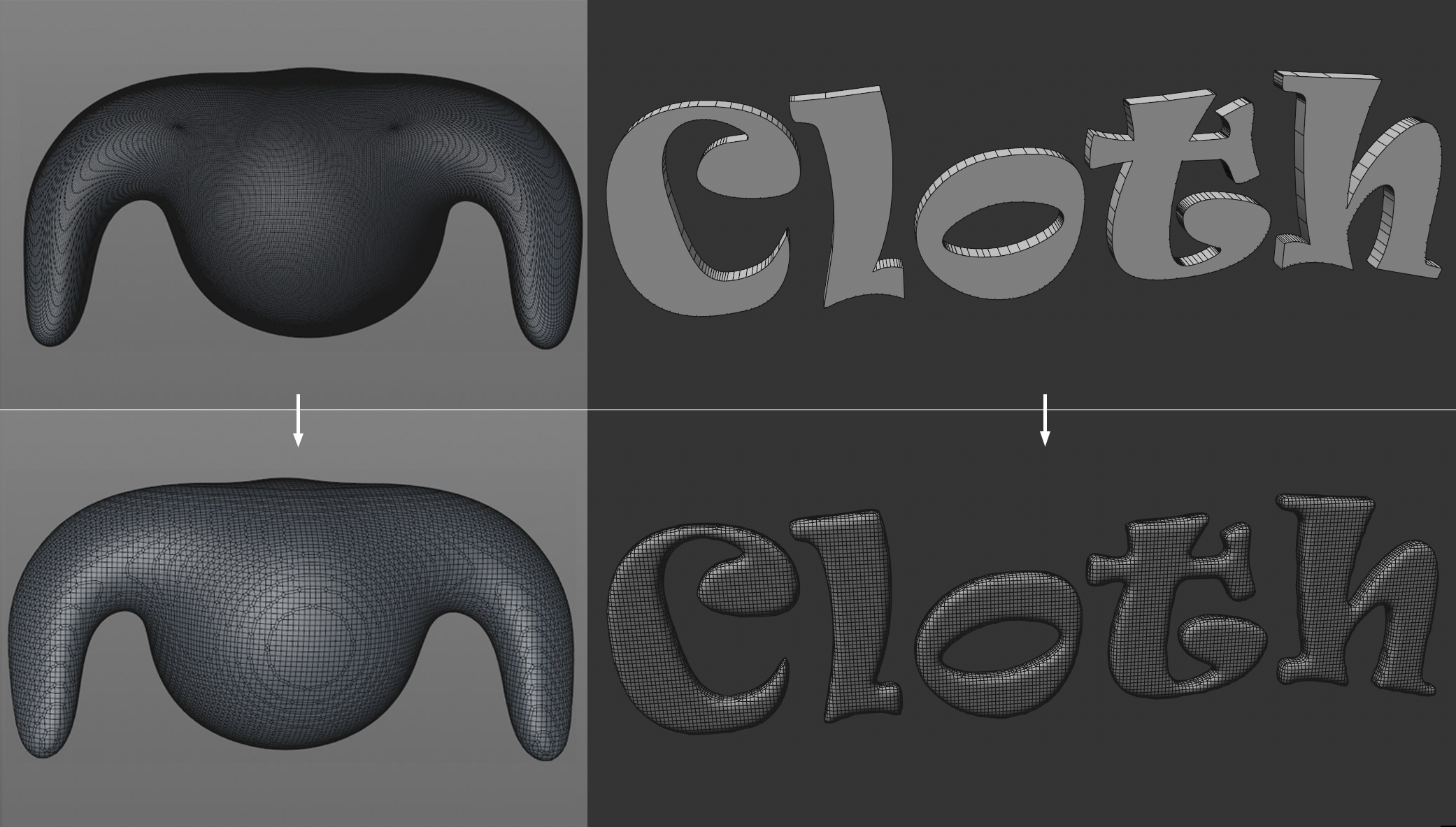 The volume mesh creates a uniformly subdivided mesh from objects with poor edge flow and caps.
