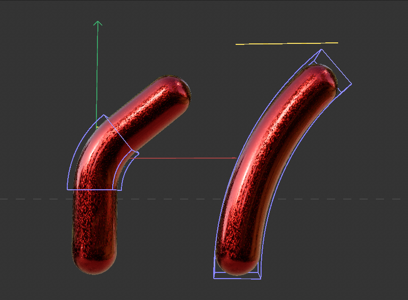 An example about how the size of the deformation object can have an influence on the resulting shape. A smaller Bounding Box limits the deformatin to a smaller part of the object.