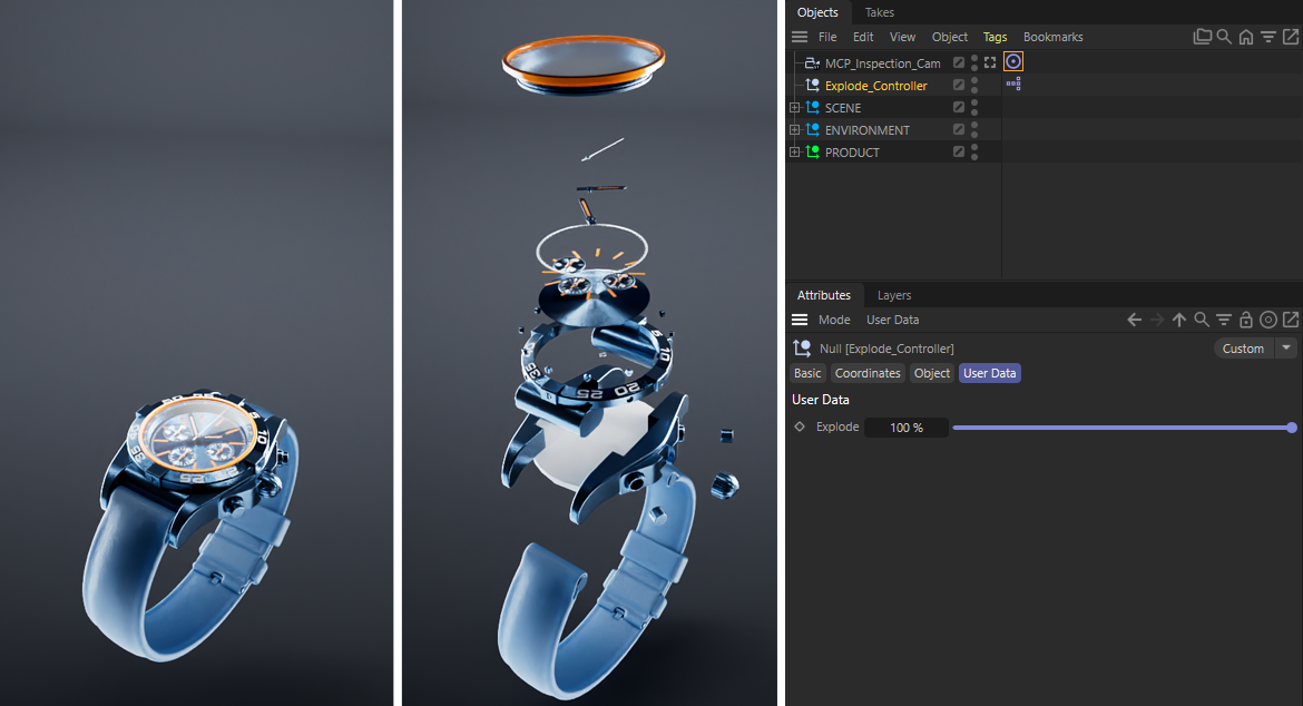 Screenshots of a loaded wristband watch loaded from the Asset Browser in Cinema 4D being displayed in exploded state using an MCP Client.