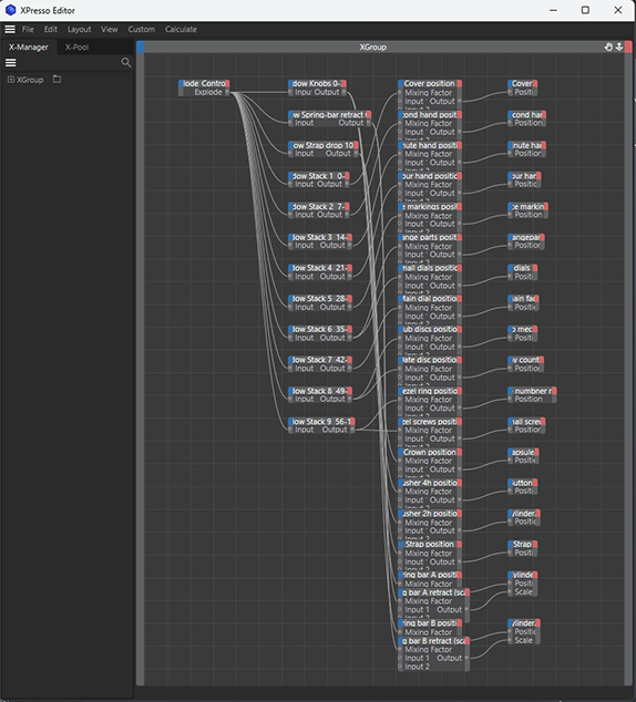 Display of the XPresso setup used to control the explosion effect for the wristband watch in Cinema 4D.