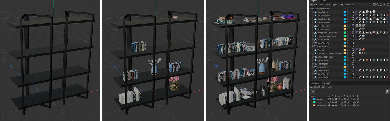 Various stages of a project in Cinema 4D, in which an initially empty bookshelf is automatically filled with appropriate objects from the Asset Browser via an MCP client.