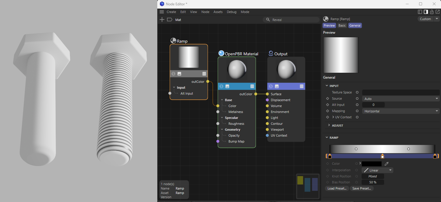 Renderings of the screw, which is composed of simple cylinders: on the left, before the Ramp material was assigned; on the right, after it was assigned. The MCP Client handled the adjustment of the screw's UV coordinates.