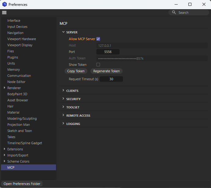 Cinema 4D's Preferences setting to activate the MCP Server.