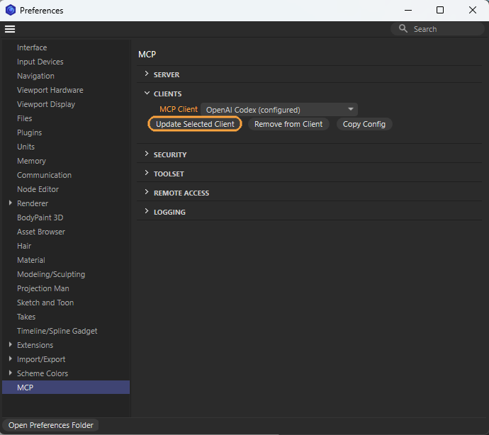 Cinema 4D's Preferences setting to choose the MCP Client and create a matching configuration file for it.