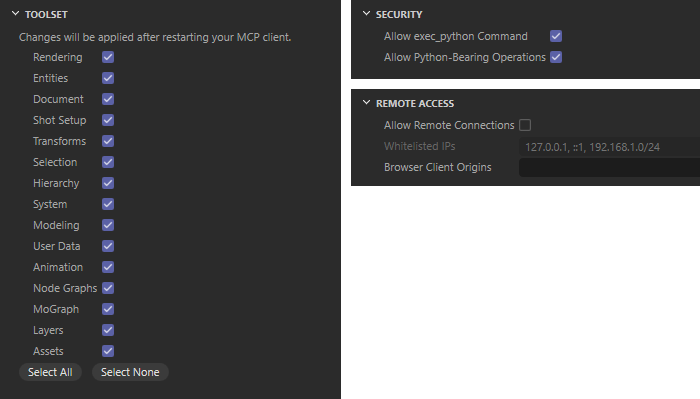 A screenshots of the security options in the MCP Server preferences for Cinema 4D.