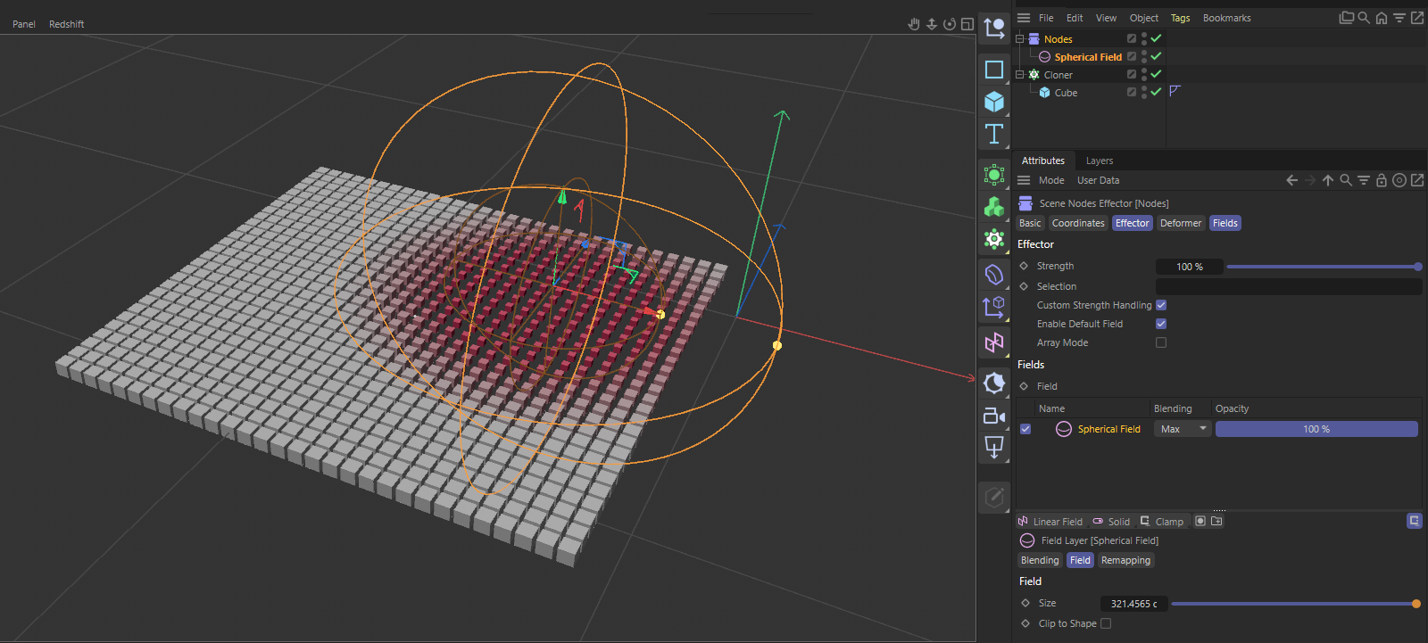 An example scene showing a Cloner object getting modified by a Nodes Effector, limited by a spherical field.