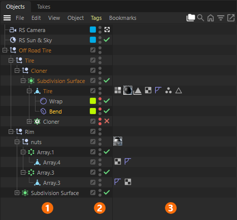 A screenshot of the Object Manager listing the elements of a scene.