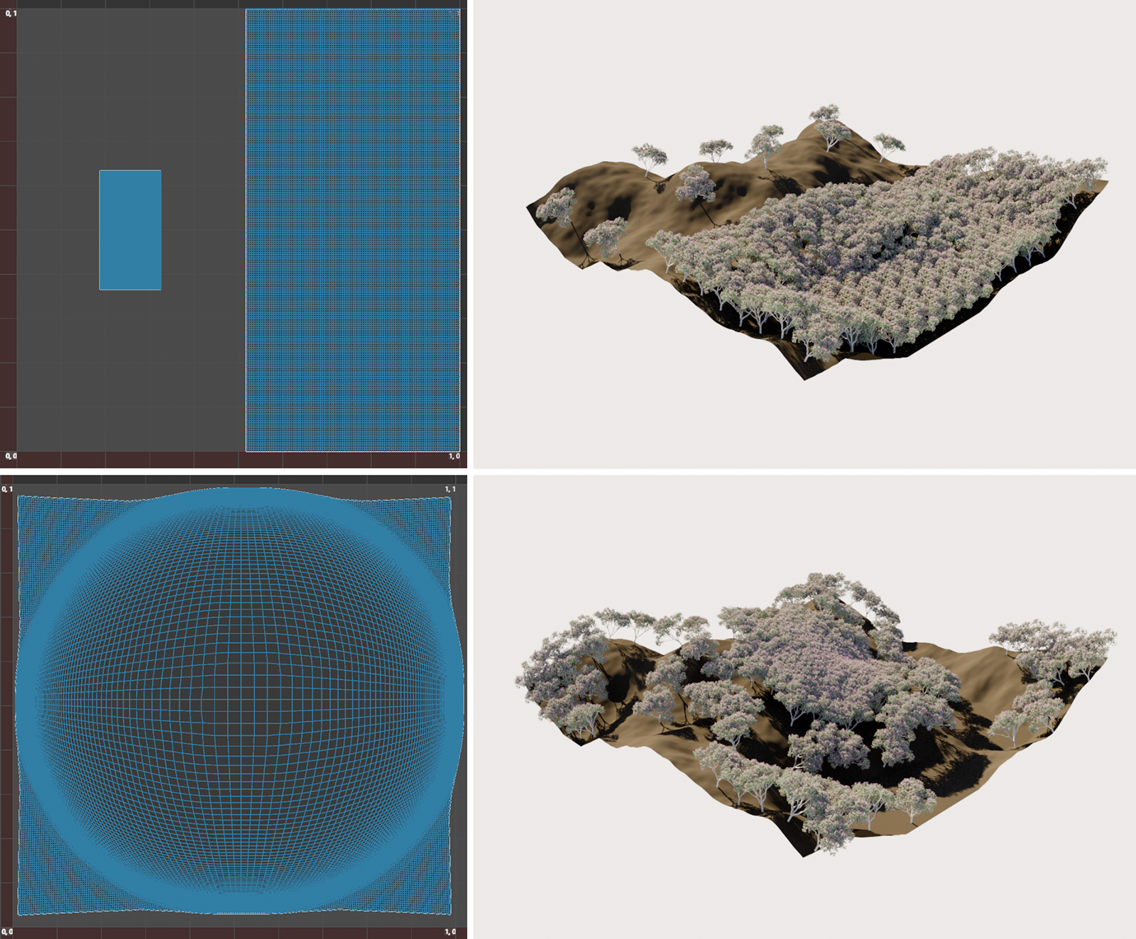 Examples of using the mode UV Grid to distribute the instanced objects with the Scatter Generator.