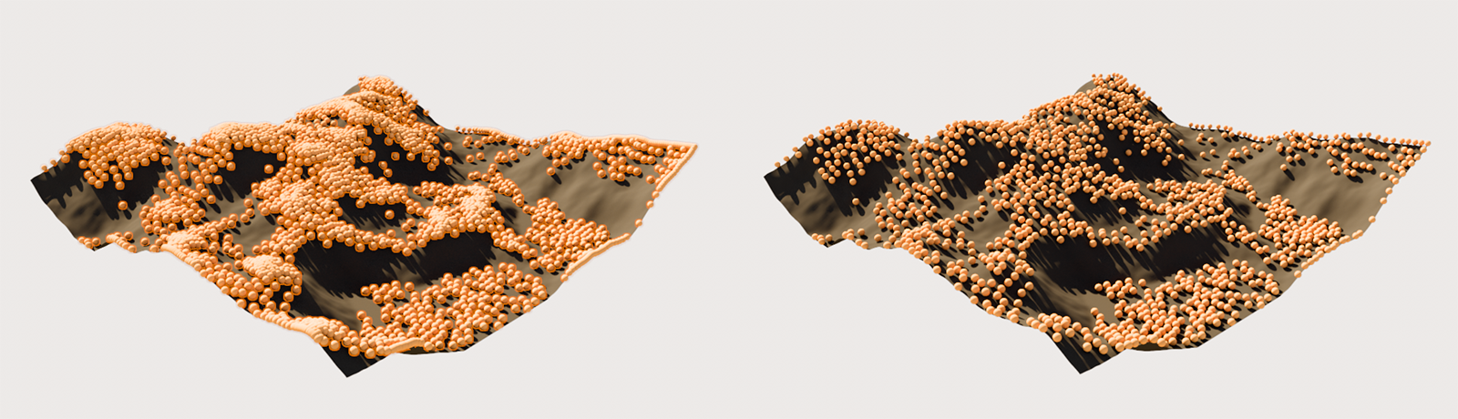 Example of scattered instances on a landscape object. On the left is the original placement, on the right the resulting instance distribution after intersections have been removed.