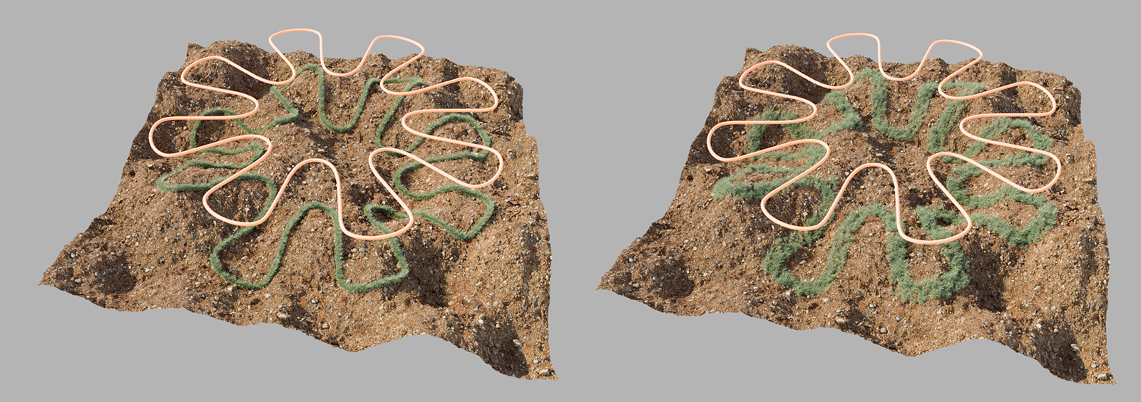 Examples of using the Spline Projection mode to scatter objects along a spline on another surface.