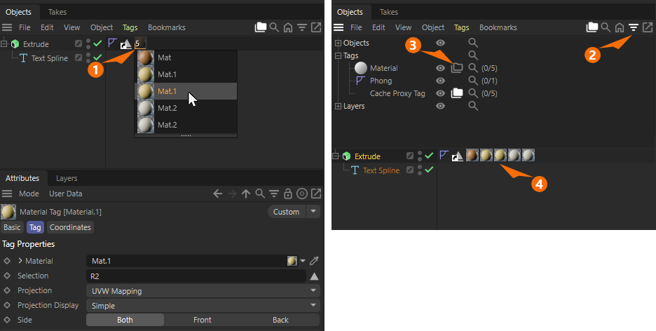 Screenshots demonstrating options about how to access individual tags that have been grouped in the Object Manager.