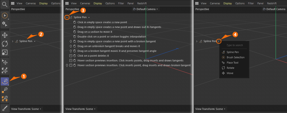 Screenshots of the Cinema 4D UI with an activated tool and its tooltip options.