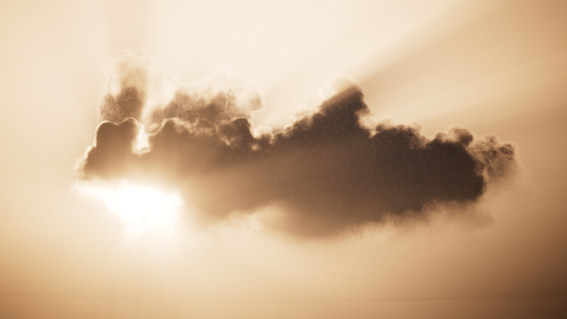 Volumetric rendering of a cloud, lit from behind by the sun, showing atmospheric god rays.