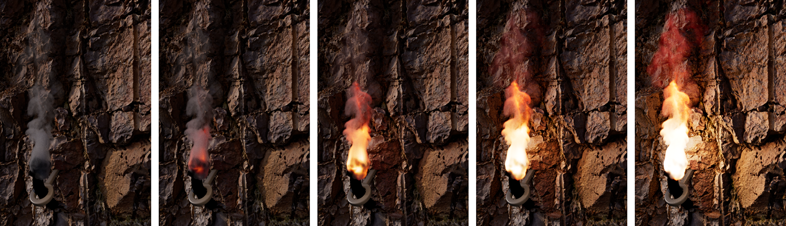 Comparison between different temperatures used for the volumetric rendering of a flame.