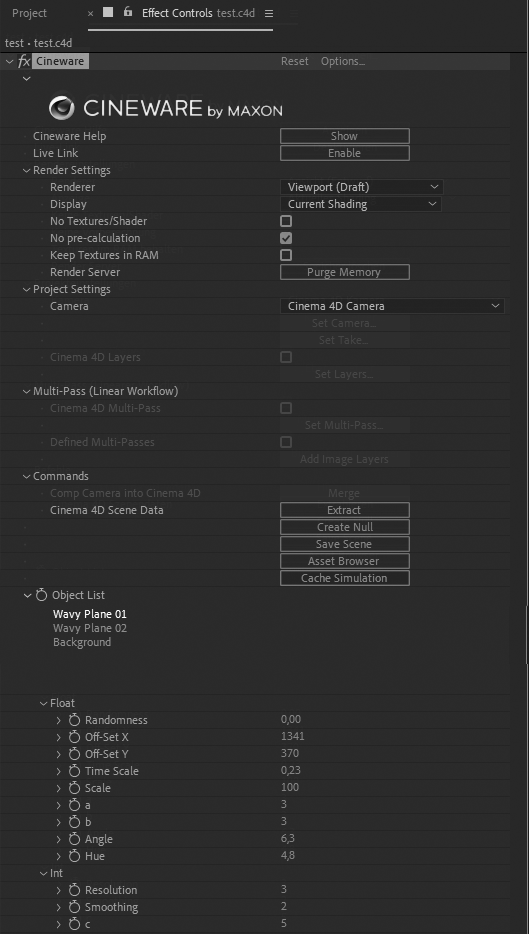 Cineware effect settings on a Cinema 4D layer.